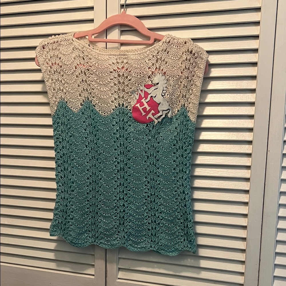 # 0720+ Elegant Cream and Teal Hand -Knit Top W/ WHT